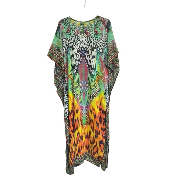 Vibrant Multicolor V-neck Kaftan Dress with rhinestones. One size. Sheer - Picture 3 of 10